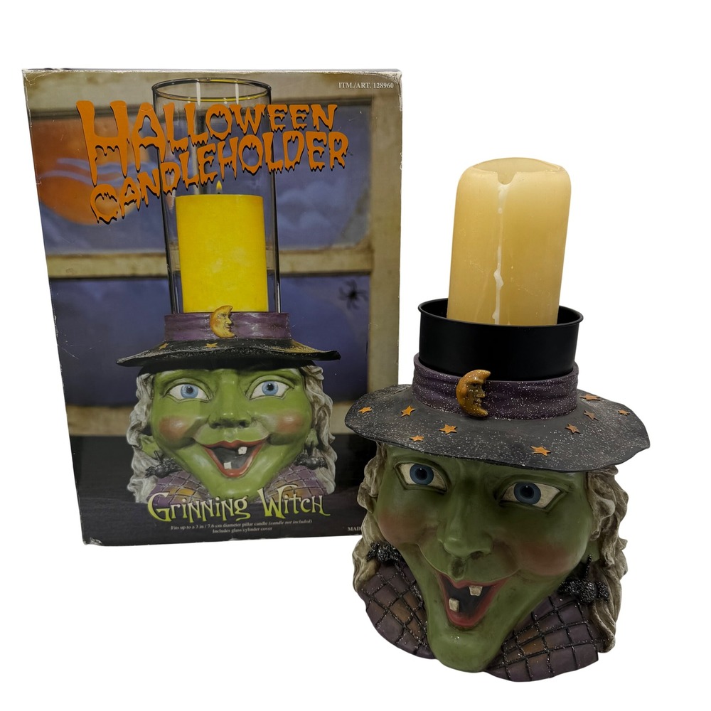 Vtg Lg Kirkland Halloween‎ Grinning Witch Head Pillar Candleholder Costco READ
